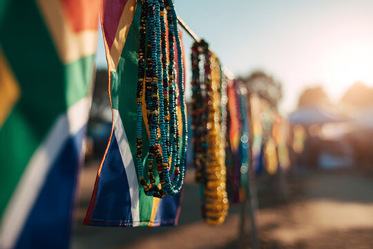 South african flags and beaded necklaces hanging at sunset market