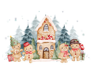Watercolor Illustration Gingerbreads and House in Winter Scene