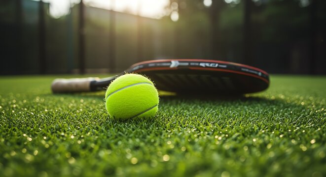 Tennis ball and racket on green grass