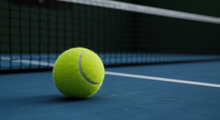 Tennis ball on court with net background