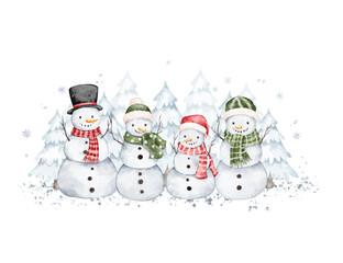 Watercolor Illustration Snowmen in Winter Season
