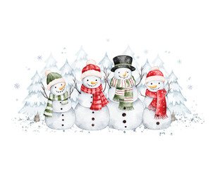 Watercolor Illustration Snowmen in Winter Season