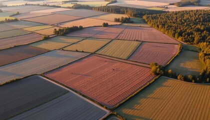 Scenic aerial image of a patchwork of farmland with different crops, grazing cows, and forest edges at golden hour