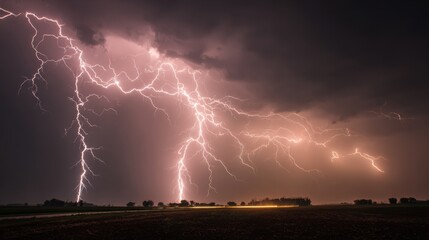 Intense lightning bolts electrify the sky above a vast open field as a powerful summer storm approaches at night, creating a stunning natural display of light and energy.