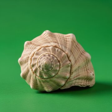Large Spiral Seashell on Green Background in Studio Shot