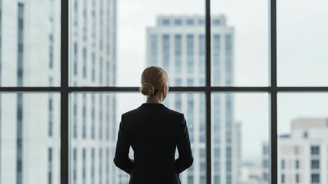 A businesswoman in a suit stands looking out a large window at a city skyline, symbolizing ambition and future success in her career