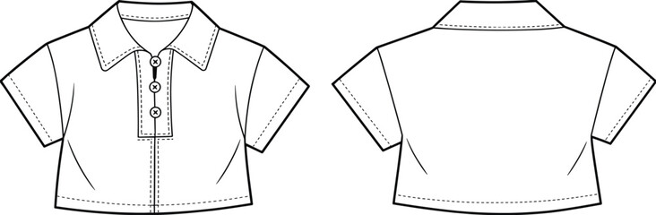 CAD drawing, flat vector illustration, short sleeve polo shirt, front view, back view, fashion design, apparel template, garment sketch, technical drawing, clothing design, shirt