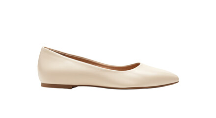 Elegant Cream Leather Ballet Flat Shoe on White Background.