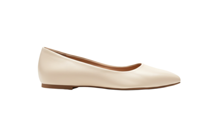 Elegant Cream Leather Ballet Flat Shoe on White Background.
