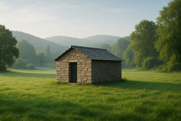 Obraz premium Serene Stone Cabin in Lush Green Meadow with Gentle Morning Light and Tranquil Surroundings Surrounded by Majestic Mountains in the Background