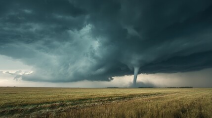 A dark, ominous storm cloud looms over a flat, sparsely populated field, with a tornado visibly descending from the cloud base. The atmosphere is tense as nature unleashes its power.