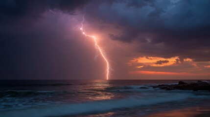 A vibrant sunset illuminates the sky as lightning violently strikes the ocean. Dark clouds converge, creating a dramatic atmosphere over the waves crashing on the shore.