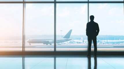 Fototapeta premium Traveler watching planes at airport terminal 