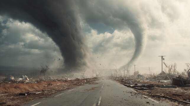 Two massive tornadoes form in the background, causing devastation to the landscape and a dirt road. Dark clouds swirl above, indicating severe weather and destruction.