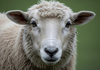 Obraz premium Young Sheep with Curly Wool Facing Camera in Green Pasture