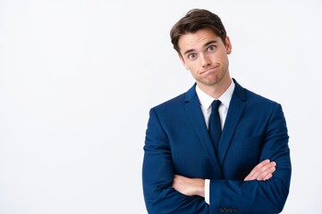 Man in blue suit with arms crossed and skeptical expression on white background looking up