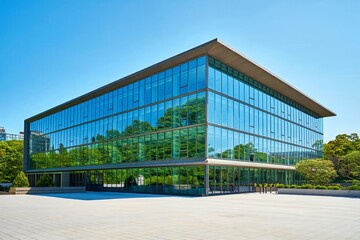 Fototapeta premium Modern glass building reflecting trees under a clear blue sky on a sunny day outside city