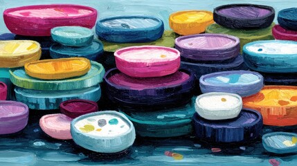 Colorful circular objects stacked in layers