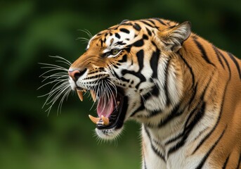 Fototapeta premium Majestic Bengal Tiger Roaring Close Up in Natural Green Environment