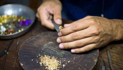 Close-up of hands meticulously crafting a gold piece on a wooden surface