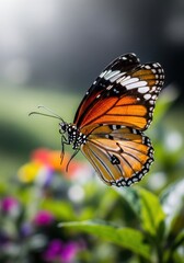 Naklejka premium Colorful Monarch Butterfly with Bright Orange and Black Wings Resting on Green Leaf in Natural Garden Setting