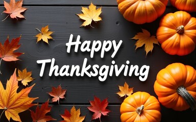 Happy Thanksgiving on Dark Wood Background with Pumpkins and Leaves. High quality