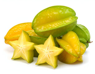 Vibrant Star Fruits A Fresh Medley of Green and Yellow Carambola on a Clean White Backdrop