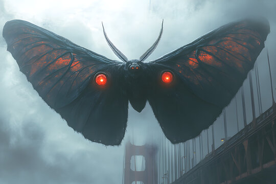 Legendary folklore creature Mothman with wings hovering above bridge at night, dark cryptid fantasy scene, mysterious urban legend artwork with supernatural atmosphere.
