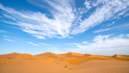 Desert Dunes under Cirrus Sky: Capture the golden hues of the desert sands under a vast, vivid blue sky, painted with wispy cirrus clouds.