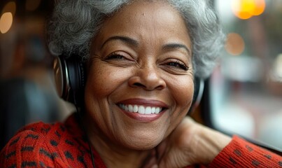 Happy senior African American woman laughing during a video call with colleagues. Smiling mature black woman with gray hair working remotely on a laptop with headphones, Generative AI
