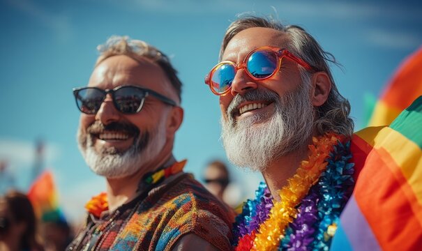 Senior gay male couple at a Pride Month celebration, proudly wearing rainbow flags and glasses, with a blue sky as a backdrop, advocating for diversity and LGBTQ+ rights, Generative AI - Powered by Adobe