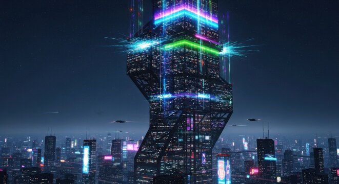 Futuristic Skyscraper Tower with Neon Lights and Digital Effects in City Skyline