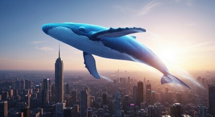 Naklejka premium Giant Blue Whale Flying Over City Skyline During Sunset