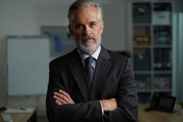 Fototapeta premium Portrait of a mature businessman with grey hair and beard in a suit with arms crossed