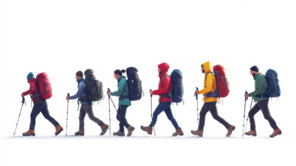 Winter hikers walking in colorful gear
