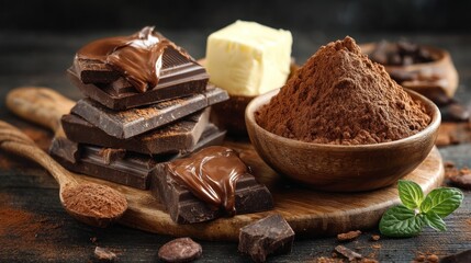 Chocolate ingredients display on wooden board