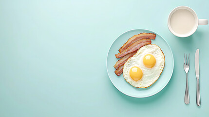 Minimalist design of plate featuring two sunny side up eggs, crispy bacon, and cup of milk on pastel blue background