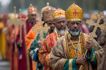 Ethiopian orthodox tewahedo church priests holding crosses during religious procession