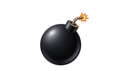 Classic black bomb with lit fuse isolated on transparent background