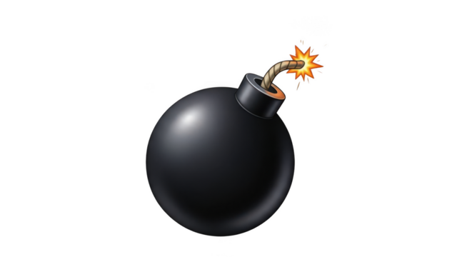 Classic black bomb with lit fuse isolated on transparent background