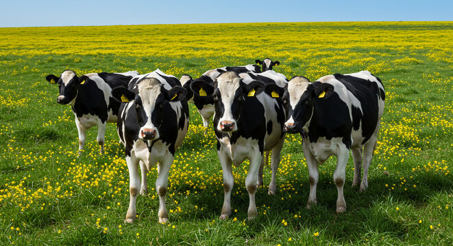 A group of holstein cows standing in a field of yellow flowers under a clear blue sky day