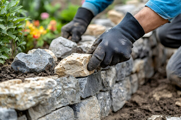 Man creating retaining wall with garden blocks, DIY landscaping and home renovation project, backyard outdoor construction concept for home improvement.