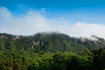 large mountain view, abundant with trees with blue sky and clouds in Thailand