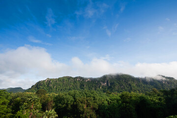 large mountain view, abundant with trees with blue sky and clouds in Thailand