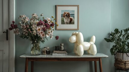 Mesa consola minimalista con flores frescas, una escultura de perro con globo en tonos pastel y elementos de decoraci&oacute;n modernos, frente a una serena pared verde azulado para un toque elegante.