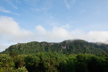 large mountain view, abundant with trees with blue sky and clouds in Thailand