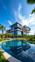 Fototapeta premium Modern glass building reflected in a tranquil pool, surrounded by lush landscaping and palm trees under a vibrant blue sky