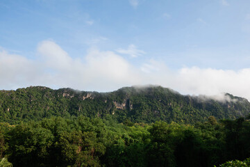 large mountain view, abundant with trees with blue sky and clouds in Thailand