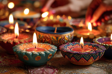 Burning diyas celebrating diwali, festival of lights in india