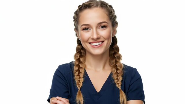 Young woman with braided hair smiling confidently, wearing dark blue scrubs, isolated on a white background